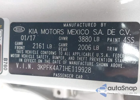 2017 Kia Forte Lx z USA, uszkodzony, nr VIN 3KPFK4A71HE119928